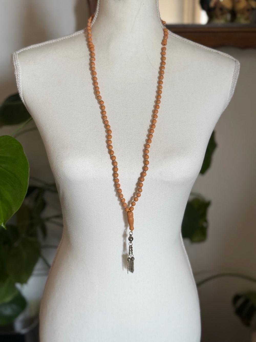 Vintage Tan Wood Beads & Silver Tassel Beaded Necklace